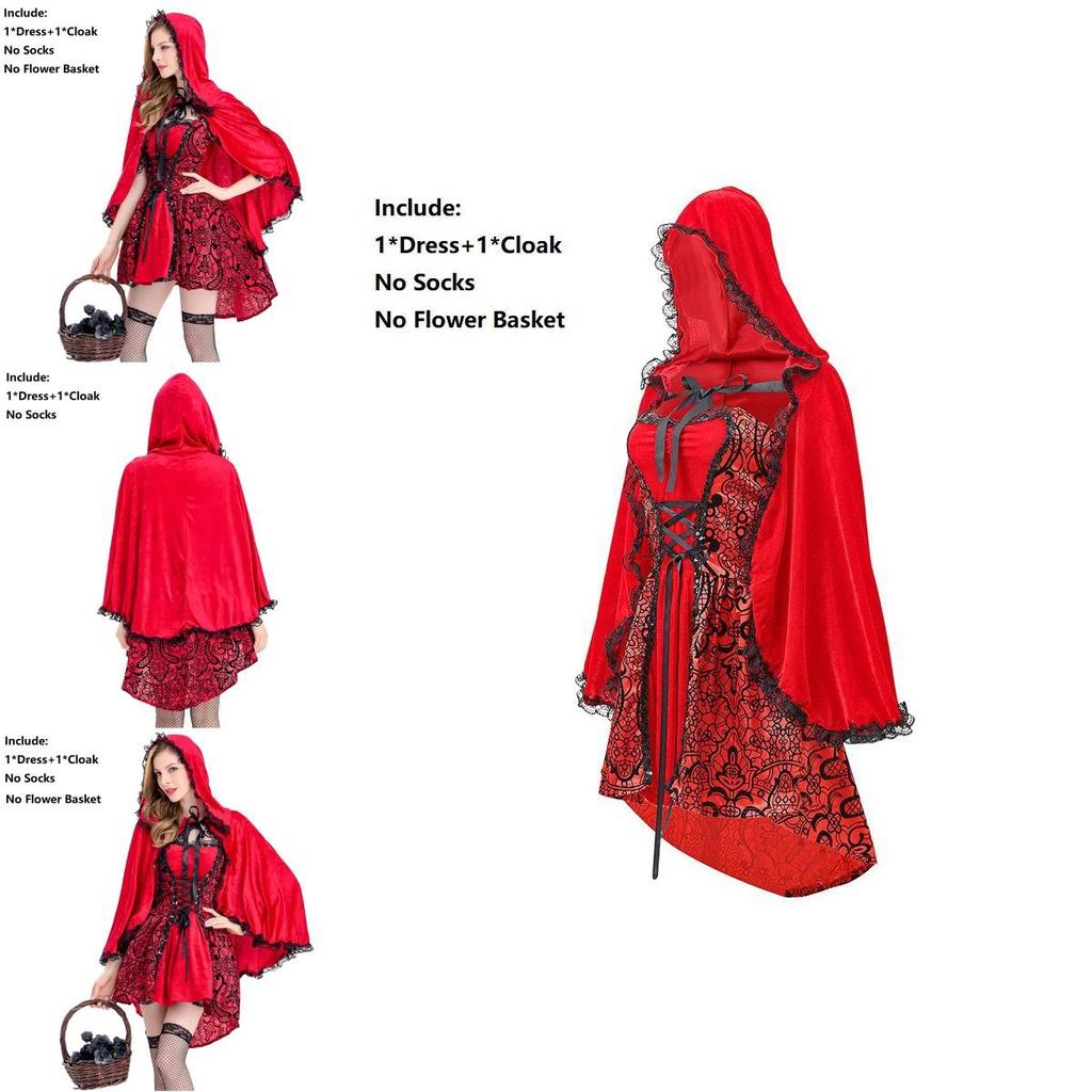Women Girls Gothic Little Red Riding Hood Cape Fancy Dress Halloween Costume For Adults And Teens