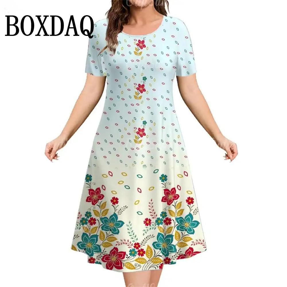 

Летнее Женское Платье Модное Цветочный Узор Короткий Рукав Платья Свободное Большого Размера Повседневное Круглый Вырез Принт Одежда Элегантное Платье XL