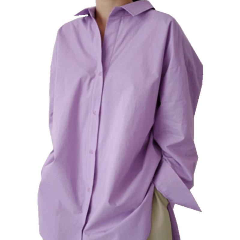 Women's Oversized Lapel Shirt - Elegant Long-Sleeve, Solid Color, Slit Hem for Spring and Autumn