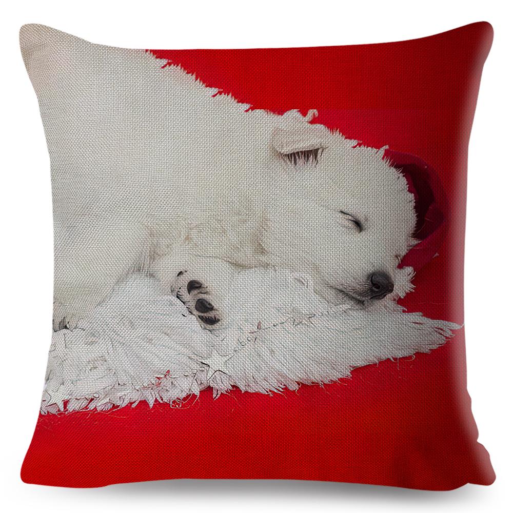 Holiday Puppy Cushion Cover Merry Christmas New Year Design Soft Linen Blend Home Decor Pillow Case