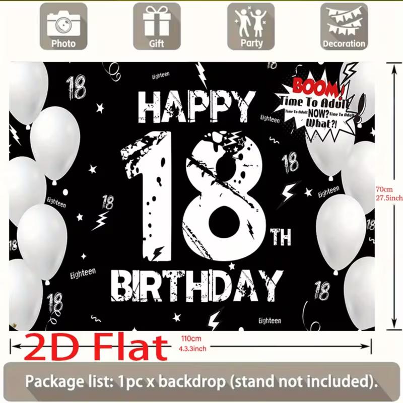 2D Flat 18th Birthday Backdrop Black White Balloon Photo Booth Banner