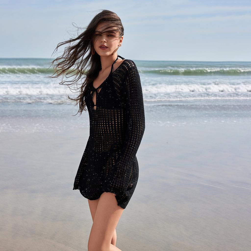 Vestidos de Playa para Mujer Encubrimientos Color Sólido Sexy Brillo Diamantes Playa Bikini Traje de Baño Encubrimiento Ropa de Sol