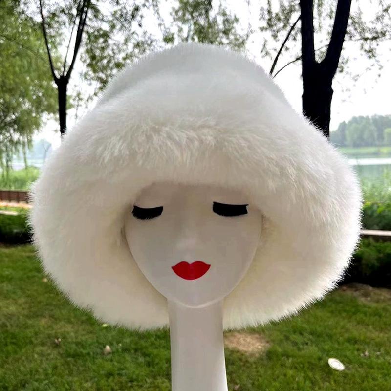 1PC Bucket Hat for Women Thick Plush Winter Faux Fur Fashion Fisherman Cap Furry Luxury