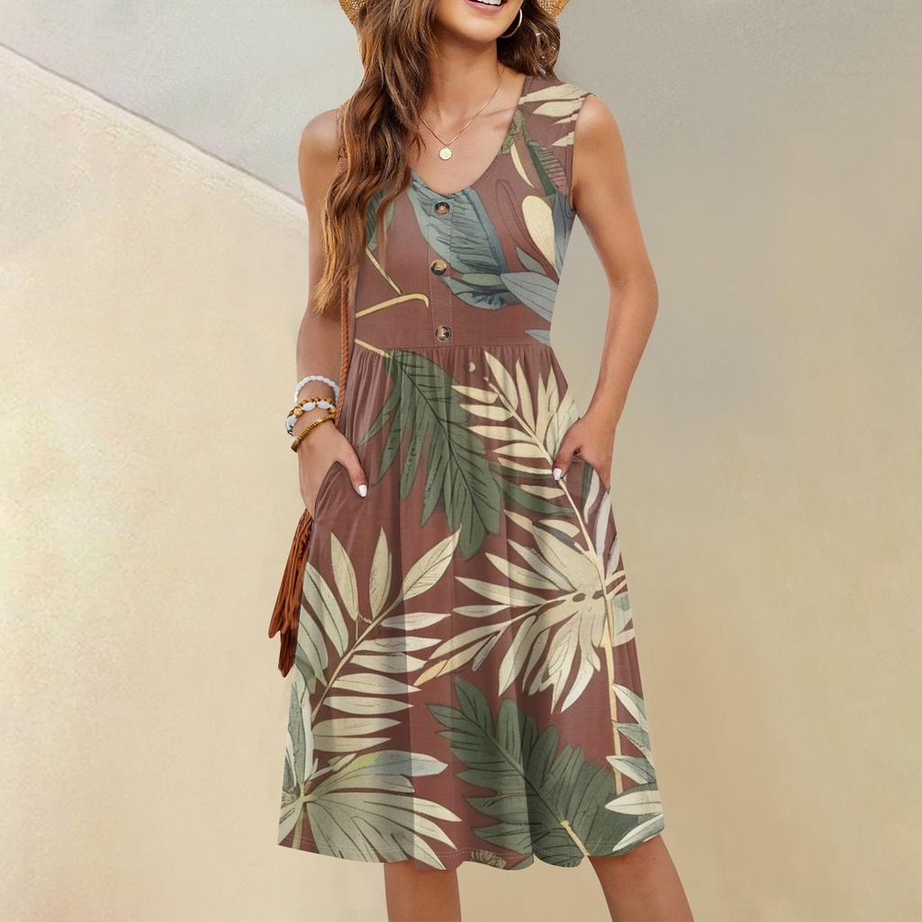Abito da donna casual alla moda sexy con scollo a V, decorazione a bottoni, senza maniche, da spiaggia stampato, con boutonniere