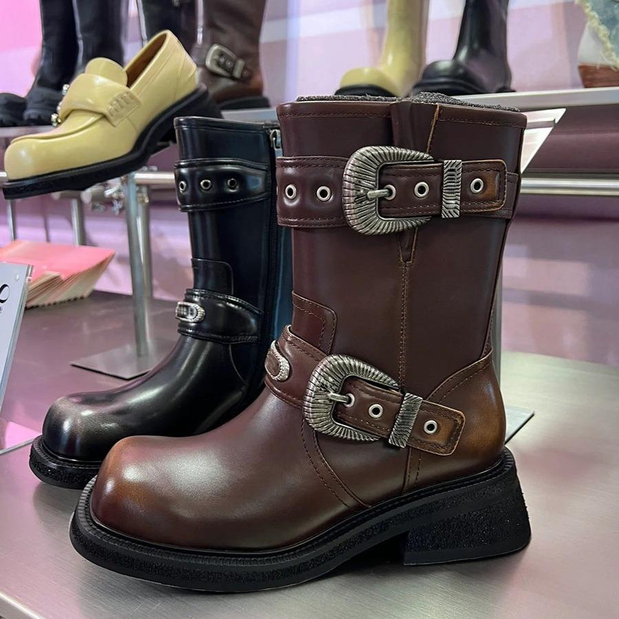 Vintage Maillard Style Short Knight Boots Do Polished Old Martin Boots Women's Autumn and Winter Thick-soled Thick-heeled Belt Buckle Short Boots