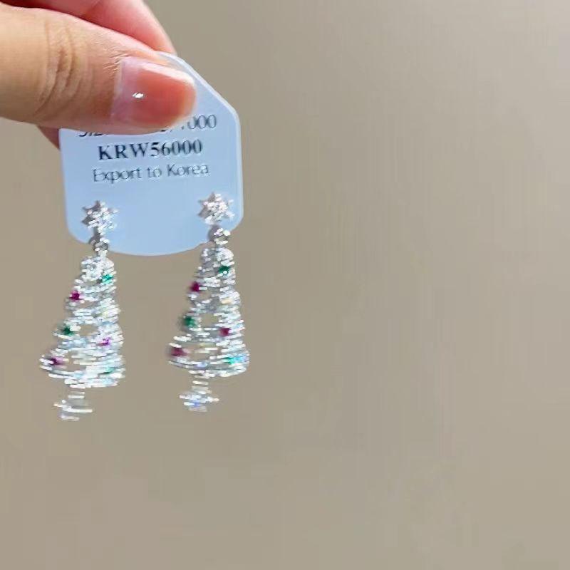 Exquisite Zircon Christmas Tree Earrings - Colorful, High-End, Niche Design for Autumn & Winter