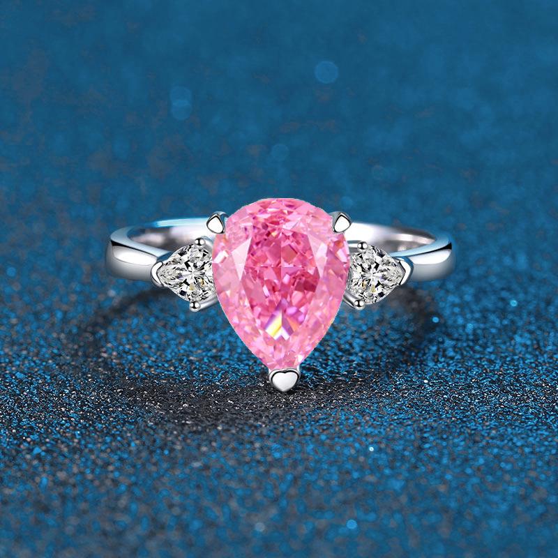 New S925 Sterling Silver Women's Ring, Ice Cut Water Drop Design In Blue, Yellow, Pink, White Colors with Simple Diamond Accents.