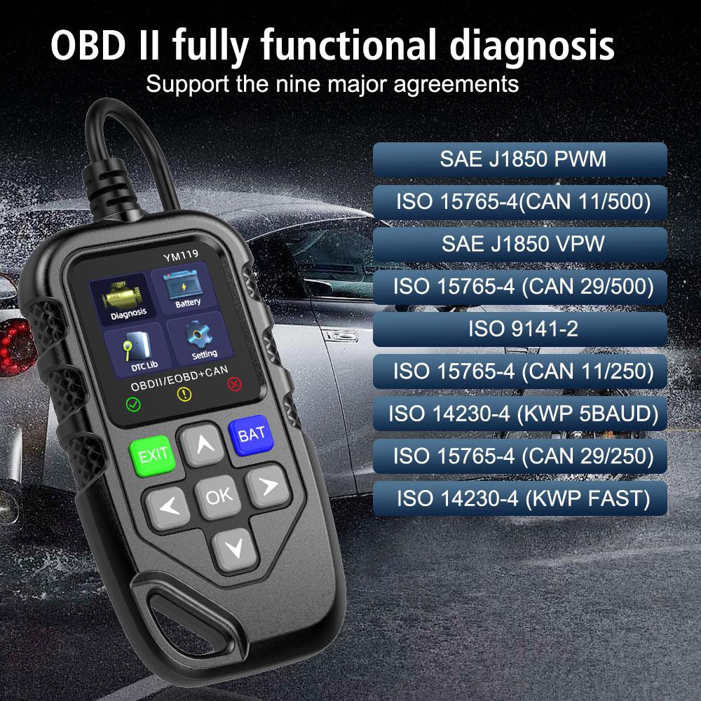 OBD2 Code Reader Car Auto Diagnostic Tool Work for All Cars YM119 Multi-language OBDII Scanner Read Vehicle Information