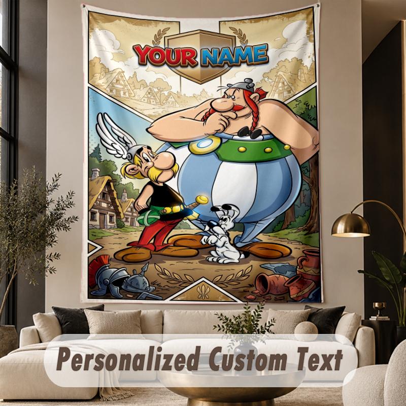 Custom Text Printed Tapestry Asterix & Obelix Pattern Large Wall Hanging Indoor Room Decor