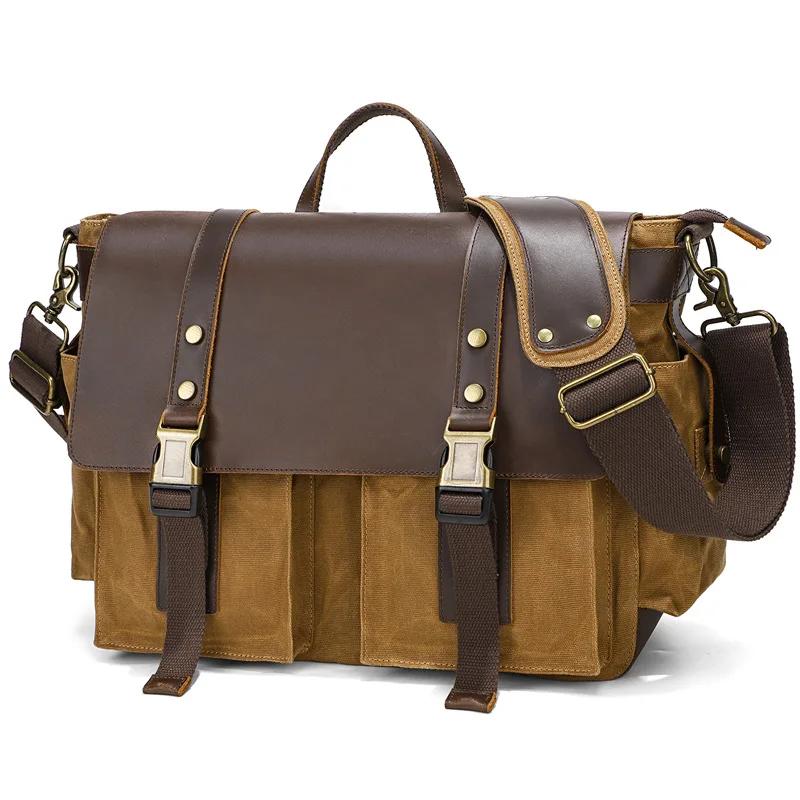 Vintage Leather Canvas Women's Men's Messenger Bag - Crossbody Shoulder Sling Casual Bag