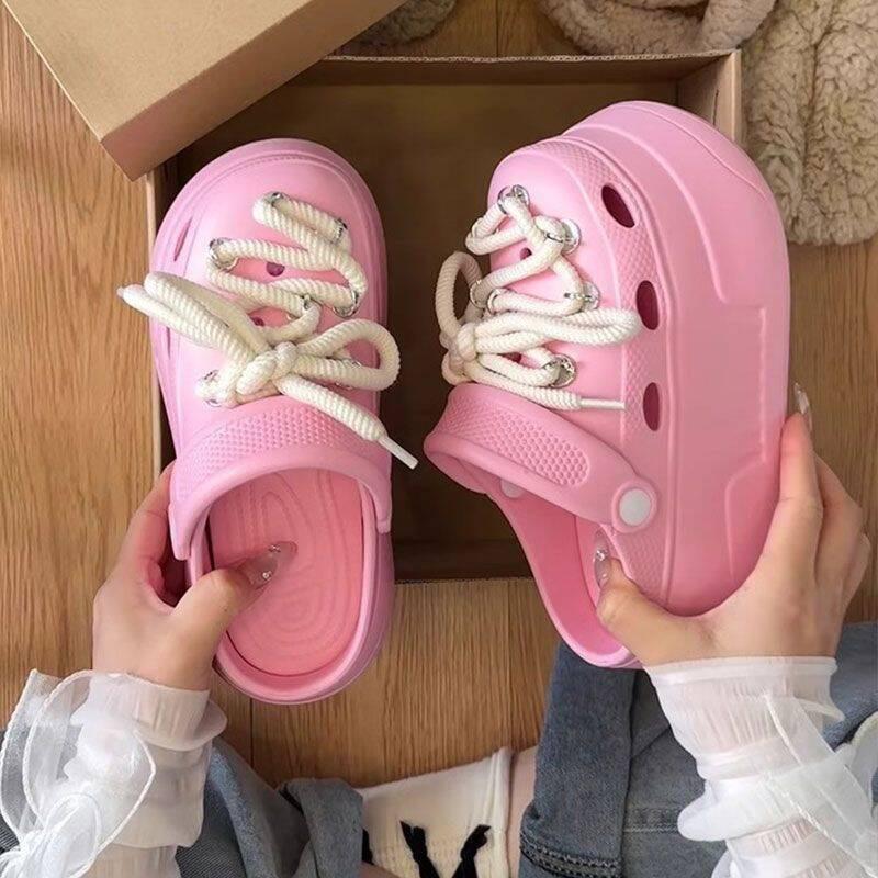 Small strap hole shoes women wear spring and summer new beach thick-soled heightening bag head semi-cool slippers