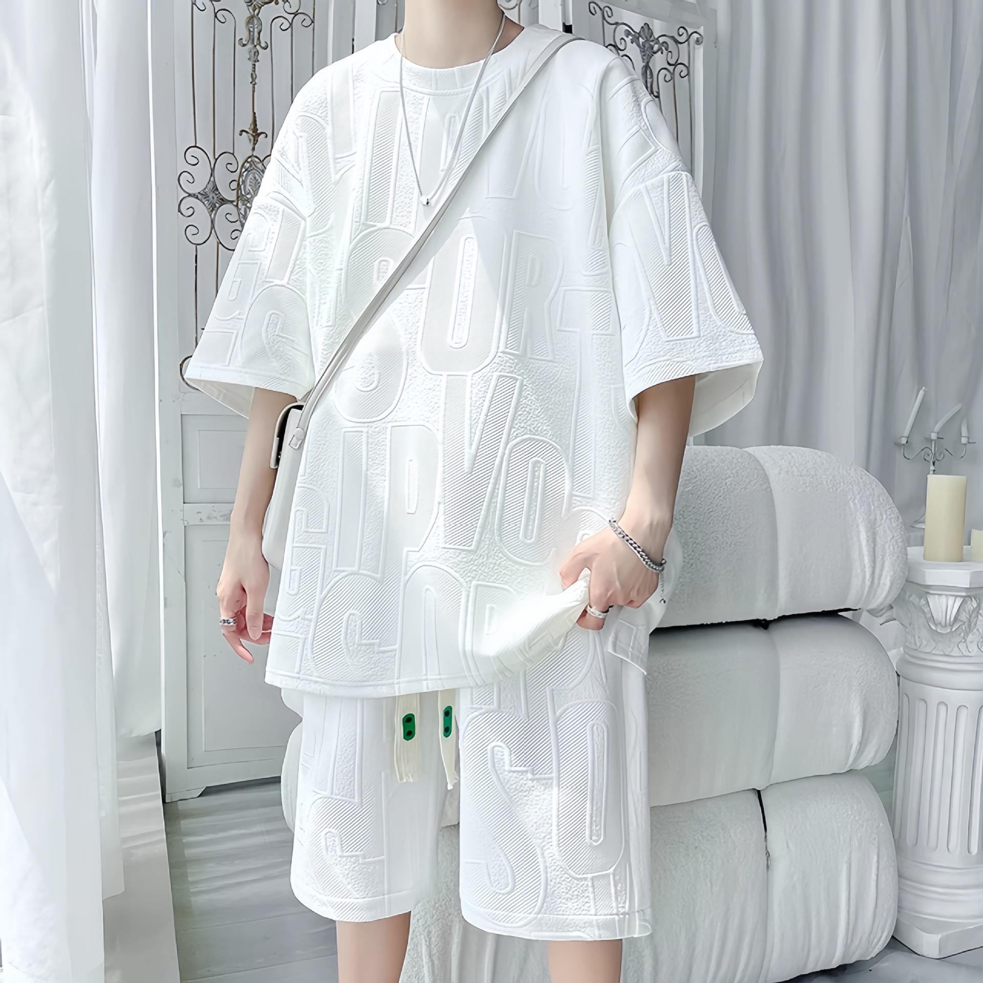 

Summer Solid Color Short-sleeved T-shirt Suit Men s Casual Loose Fashion Waffle Five-point Pants Sports Suit XXXXXL