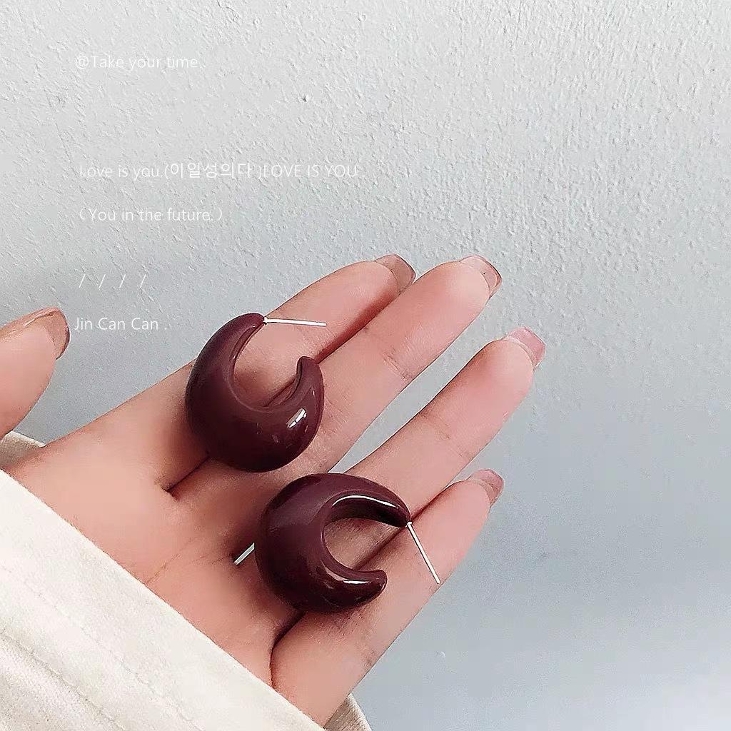 Vintage Silver Needle Dark Wine Red Drop Earrings Female Resin Personality Temperament Earrings