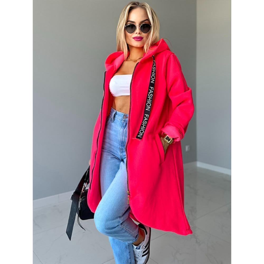 Sportovní fleecová mikina s kapucí, ležérní s dlouhým rukávem na zip, dámská nadměrná velikost, jednobarevný kabát