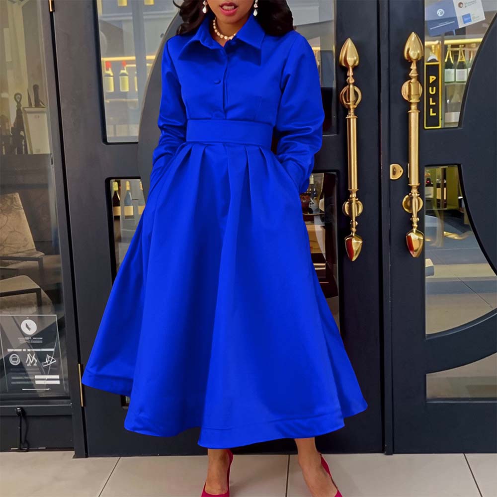 

Party Dresses Woman Turn Down Collar Long Sleeve Plus Size High Waisted A Line Fashion Dress 2026 Spring Autumn S синий