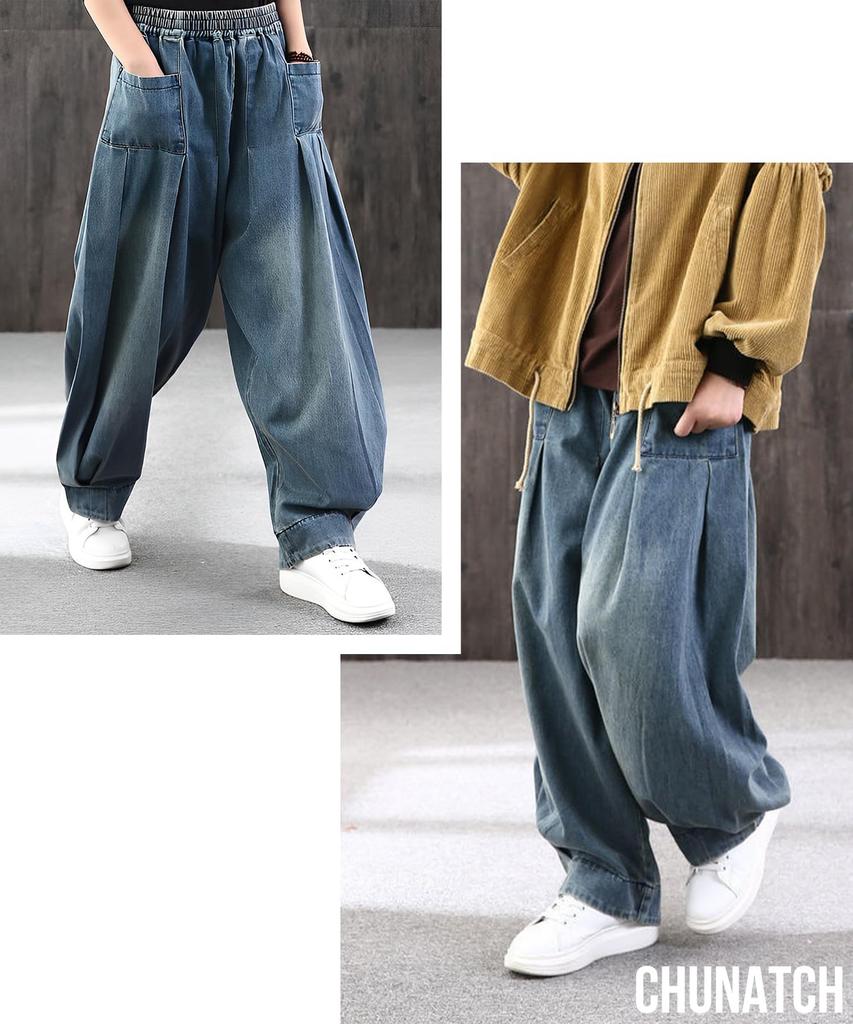 Pantaloni Larghi Comodi Chunach Denim Gaucho Sarouel Jogger Sportivi Gamba Larga Piegati Avvolti Ampi Lunghi Naturali da Donna, Pantaloni,