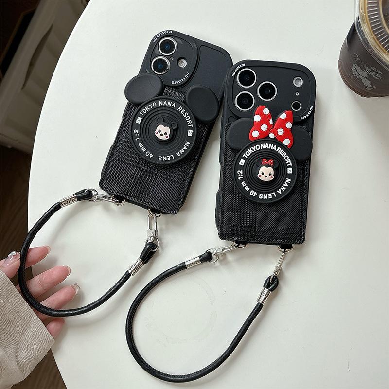 Cartoon Mickey Mouse Camera Wallet Mobile Phone Case Suitable For Iphone17 Card Pack Apple 16 Portable Lanyard 14 Anti-Drop