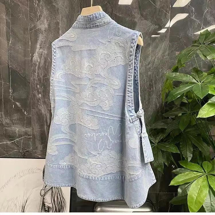 Fashion Denim National Style Chinese Style Vest Loose and Thin Outside Western Style Summer Thin Shoulder Waistcoat