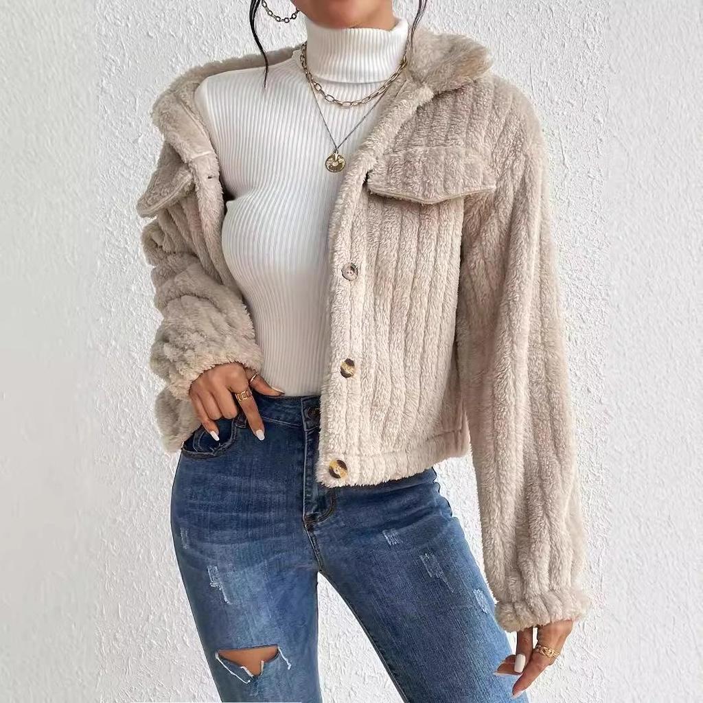 Autumn/Winter Women's Plush Jacket: Turn-Down Collar, Fleece-Lined, Short Length, Thickened, Casual Style