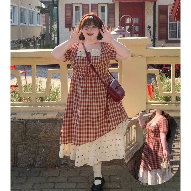 Large Size College Style French Sweet Temperament Fake Two-piece Dress Women's Summer Slim and Thin Plaid Dress