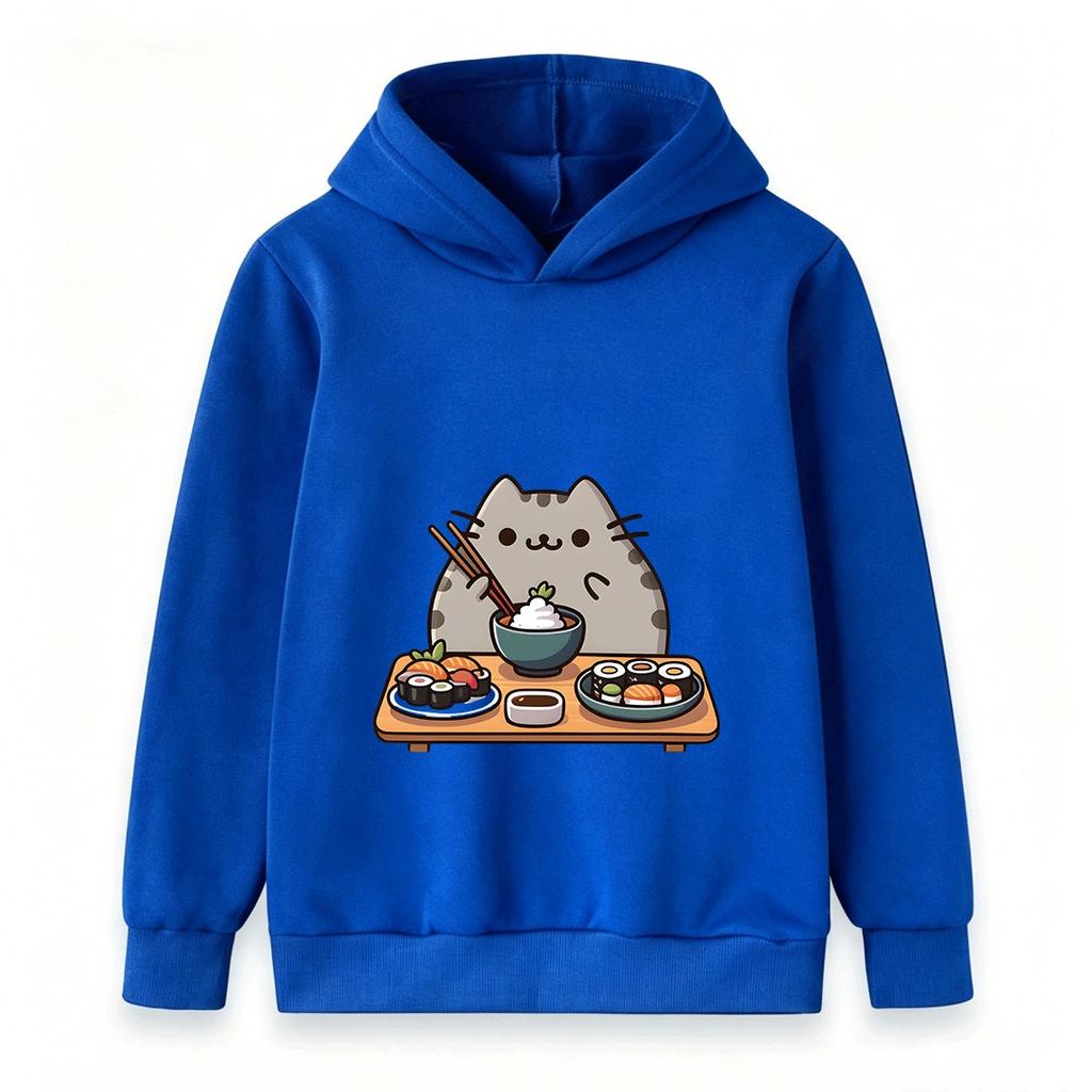Kids Boys Girls Hooded Pullover Sweatshirt Cute Cartoon Cat Sushi Pattern Casual Soft Pullover Top for Daily Wear Gift for Sushi Lovers
