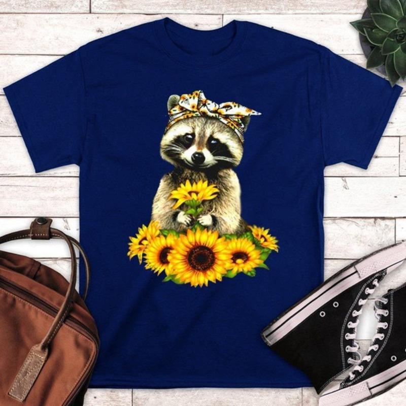 Summer Printed Letters Sunflower Lovely Raccoon Loose Round Neck Pure Cotton Short Sleeved Shirt T-Shirts Men’s