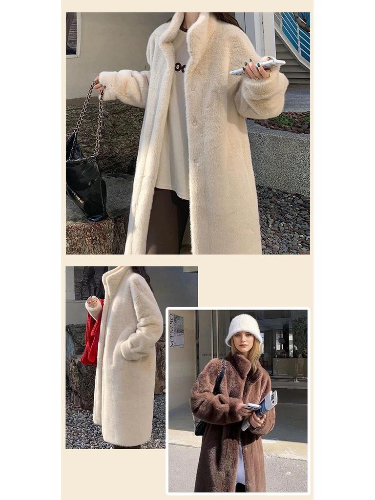 Autumn/Winter Long Stand-Collar Leather and Fur Socialite Wool Coat