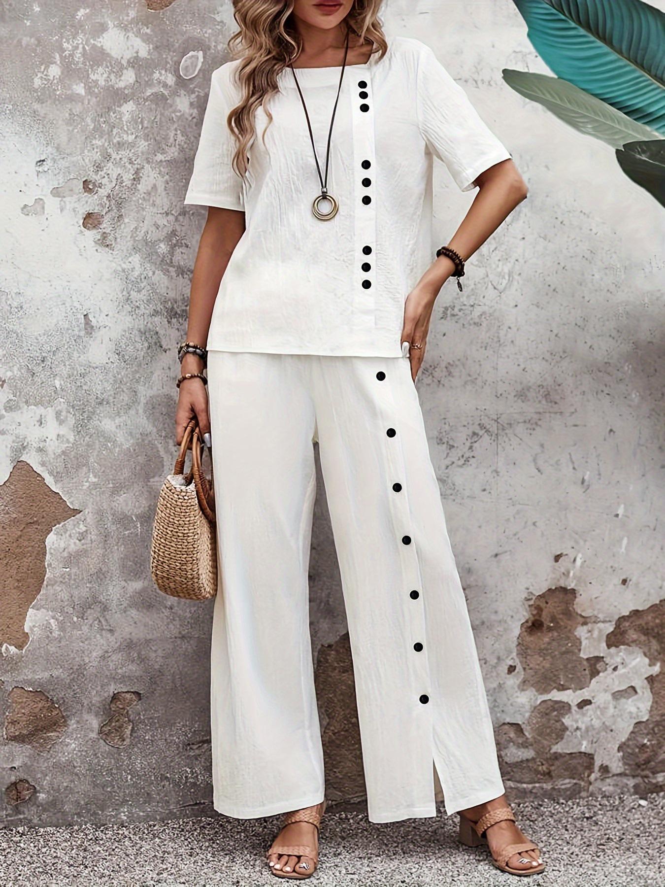 

Элегантный однотонный комплект топ и брюки с пуговицами | Модная коллекция 2025 X-Large белый