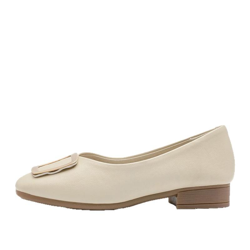 Single shoes women's 2025 new thick heel square head versatile light mouth low heel one pedal French soft leather one pedal grandma shoes