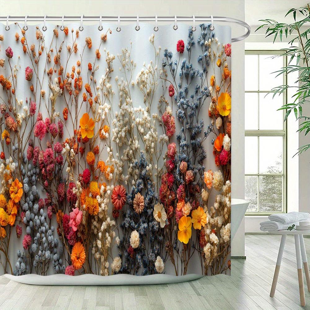 Vibrant Dried Flower Shower Curtain - Waterproof, Mildew-Resistant With Colorful Floral Design For Cozy, Inviting Bathroom Decor