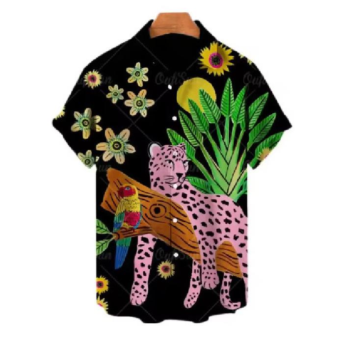 Hawaiian Animal Casual Men's T-Shirt Leopard Tiger Short Sleeve Holiday Party Streetwear Top Shirt