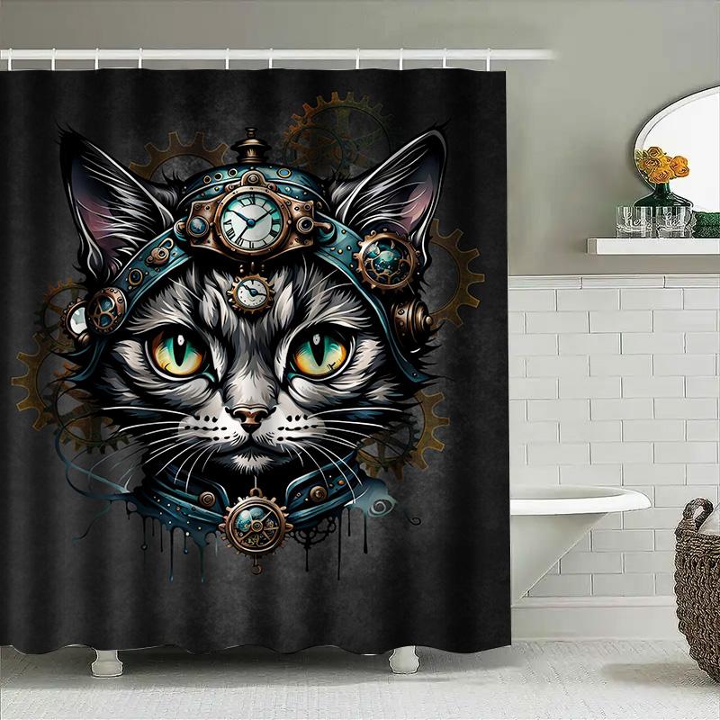 Steampunk-Themed Shower Curtain With Cat Design Featuring Clockwork Accessories Perfect For Adding A Touch Of Whimsy To Your Bat