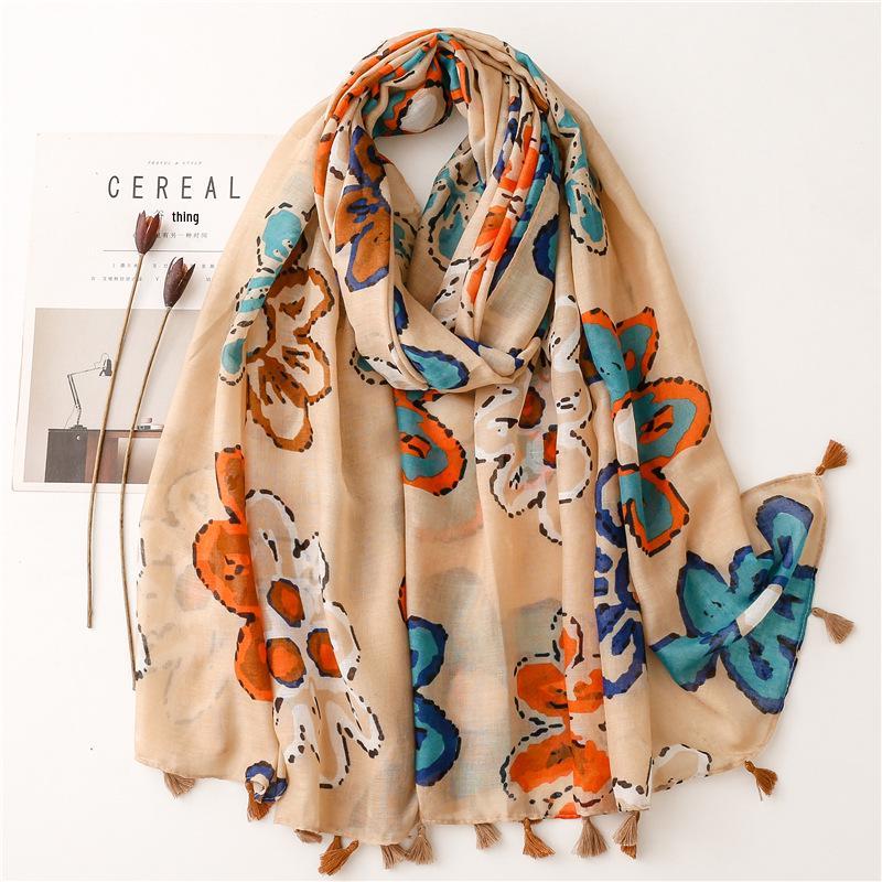 Yitao Women's Ethnic Cotton-Linen Scarf: Orange Wheat Ear Tassel Design, Ideal for Travel, Beach, or Shawl Use