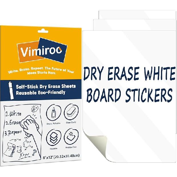 3 Pack Dry Erase Board Stickers Magnetic Free, 12"x8" Restickable Dry Erase Sheets No Residue for Wall/Refrigerator/Door/Cabinet, Adhesive