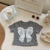 T-shirt d'été tendance 2025 pour bébé fille Gris avec nœud 3D et imprimé