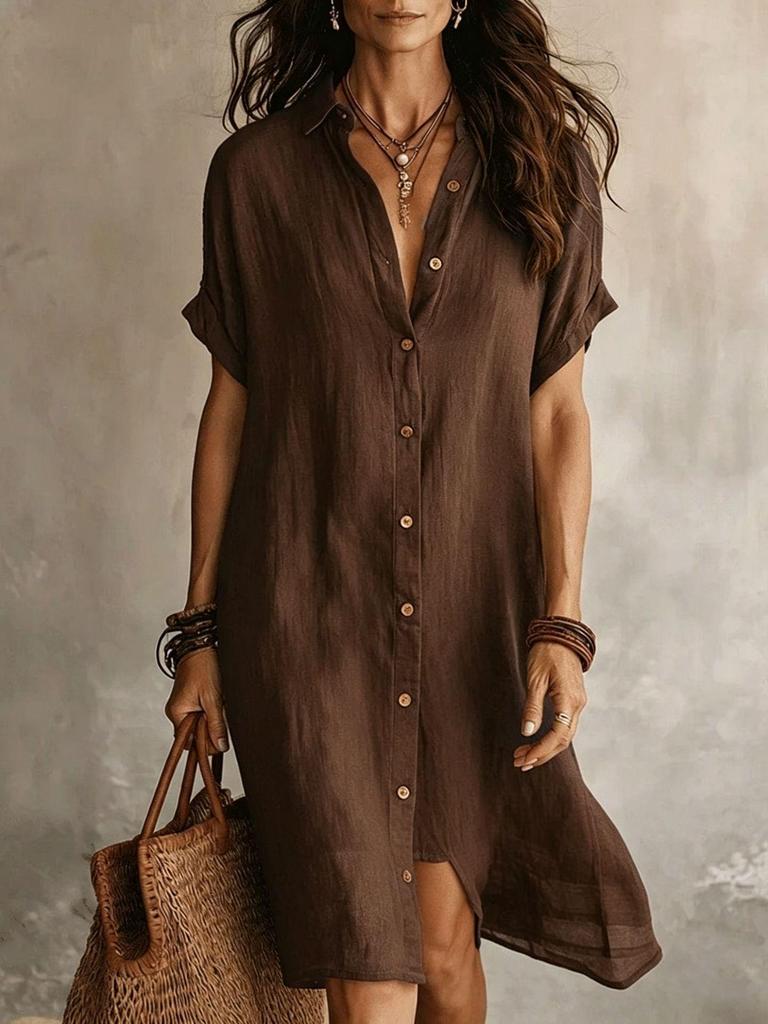 2026 European and American Spring/Summer Casual Cotton Linen Short Sleeve Shirt Dress