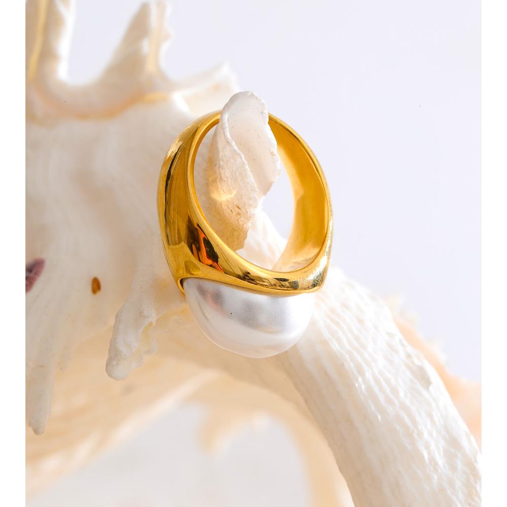 Yhpup Size 678 Simulated Pearls Geometric Fashion Golden Ring 2025 Stainless Steel Finger Chic Charming Jewelry Accessories
