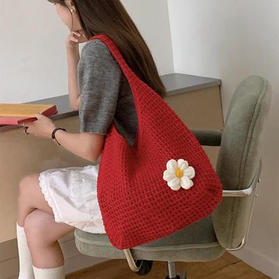 Large Capacity Knitted Single Shoulder Bag Casual Summer Beach Vacation Beach Bag Soft Polyester Vintage Style Versatile Bag
