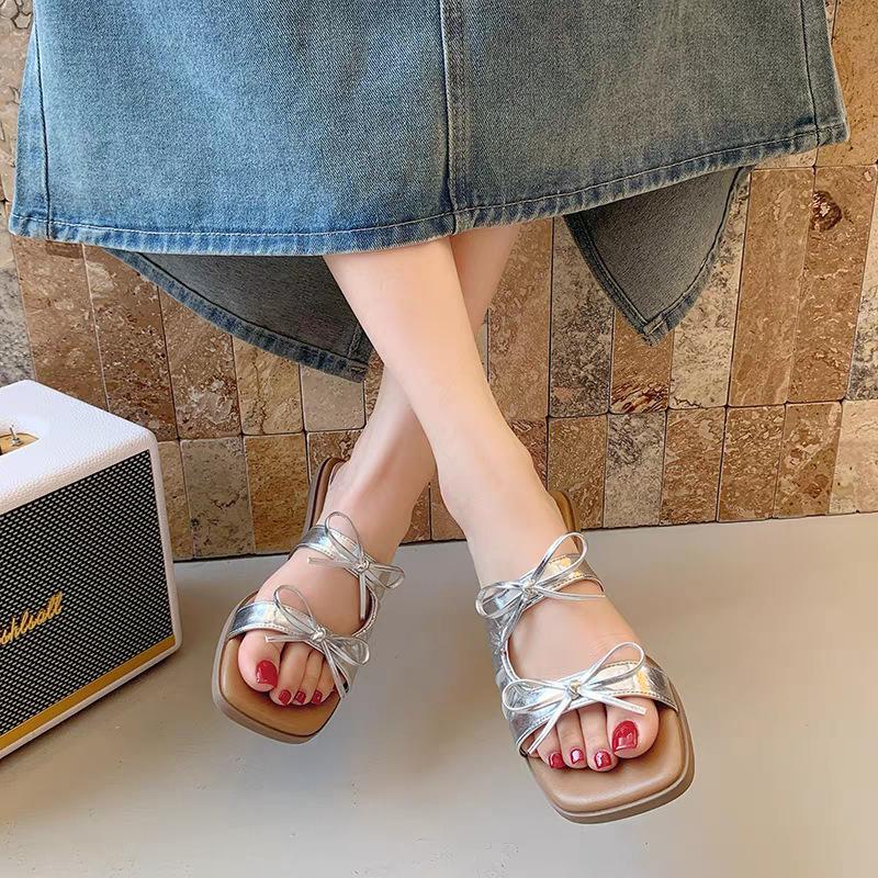 2788-10 Korean Version of Bow Beach Cool Slippers Women's Summer Wear 2025 Summer Wear French Square Toe