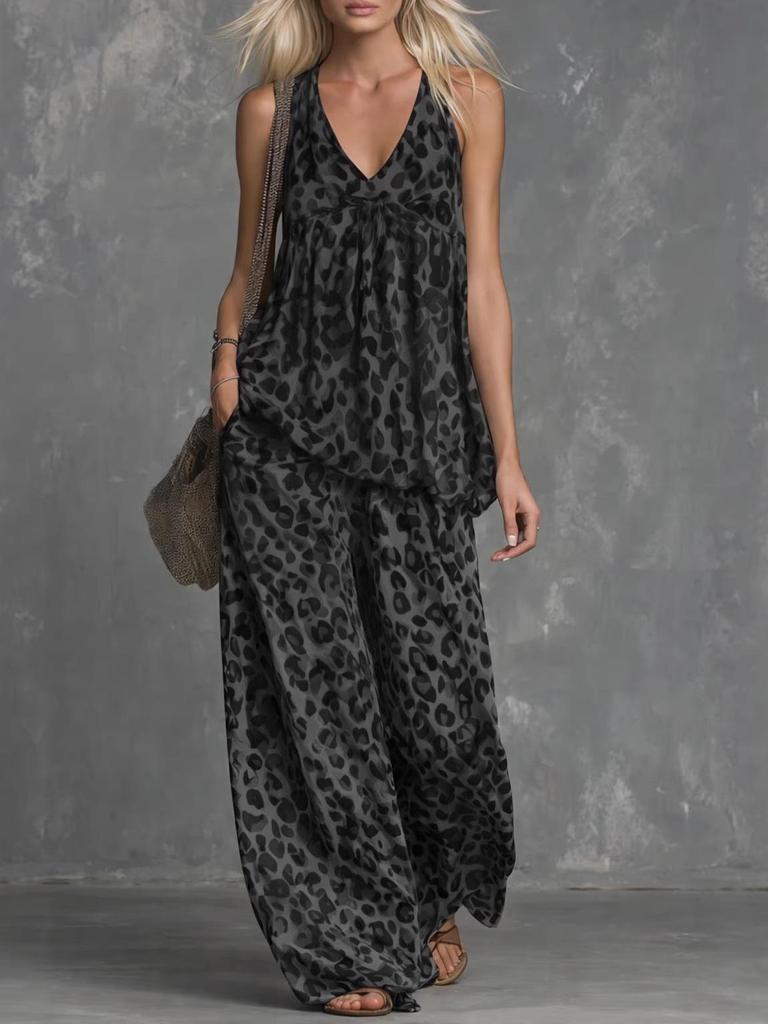 European Leopard Print Sleeveless Top & Chiffon Wide-Leg Pants Set for Women