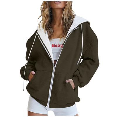 Moletom com capuz feminino com zíper e manga comprida, moda outono, pulôver casual, cor sólida, tops com bolsos