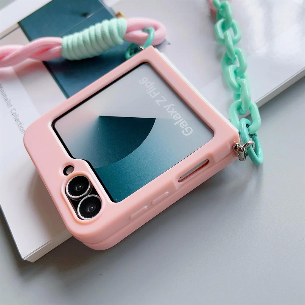 With Crossbody Lanyard Strap Slim Phone Case For Samsung Galaxy Z Flip 4 5 6 7 Fe Flip6 Flip5 Flip7 Cute Candy Protective Cover