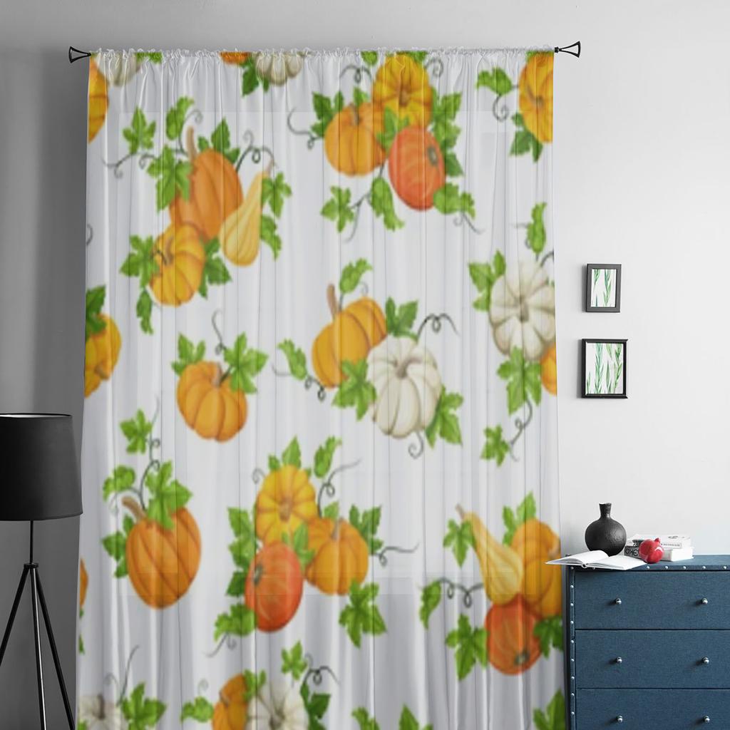 Pumpkins And Green Leaves Sheer Curtains For Living Room Window Transparent Voile Tulle Curtain Bedroom Drapes Home Decor