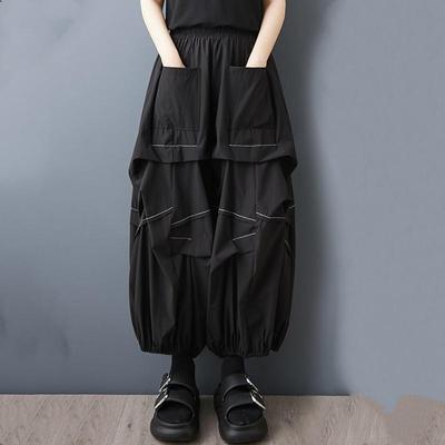 Women's Summer Elastic Waist Bloomers Casual Solid Pleated Wide Leg Pocket Pants