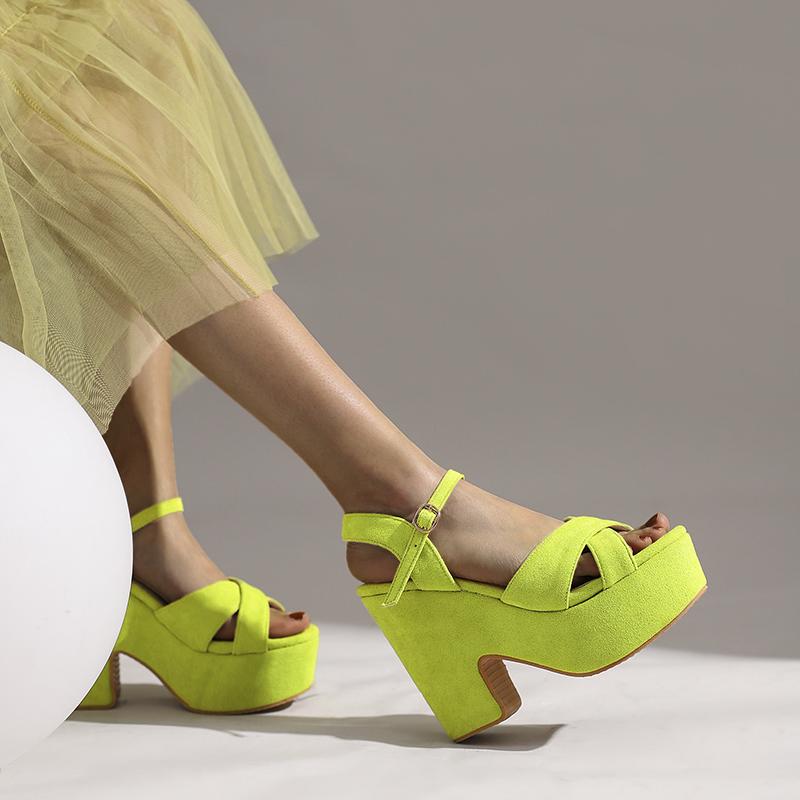 Mattes Beflockungsmaterial Keilabsatz Atmungsaktiv Damen Sommersandalen Ultrahohe Wasserdichte Plateau Neongrün Sandalen