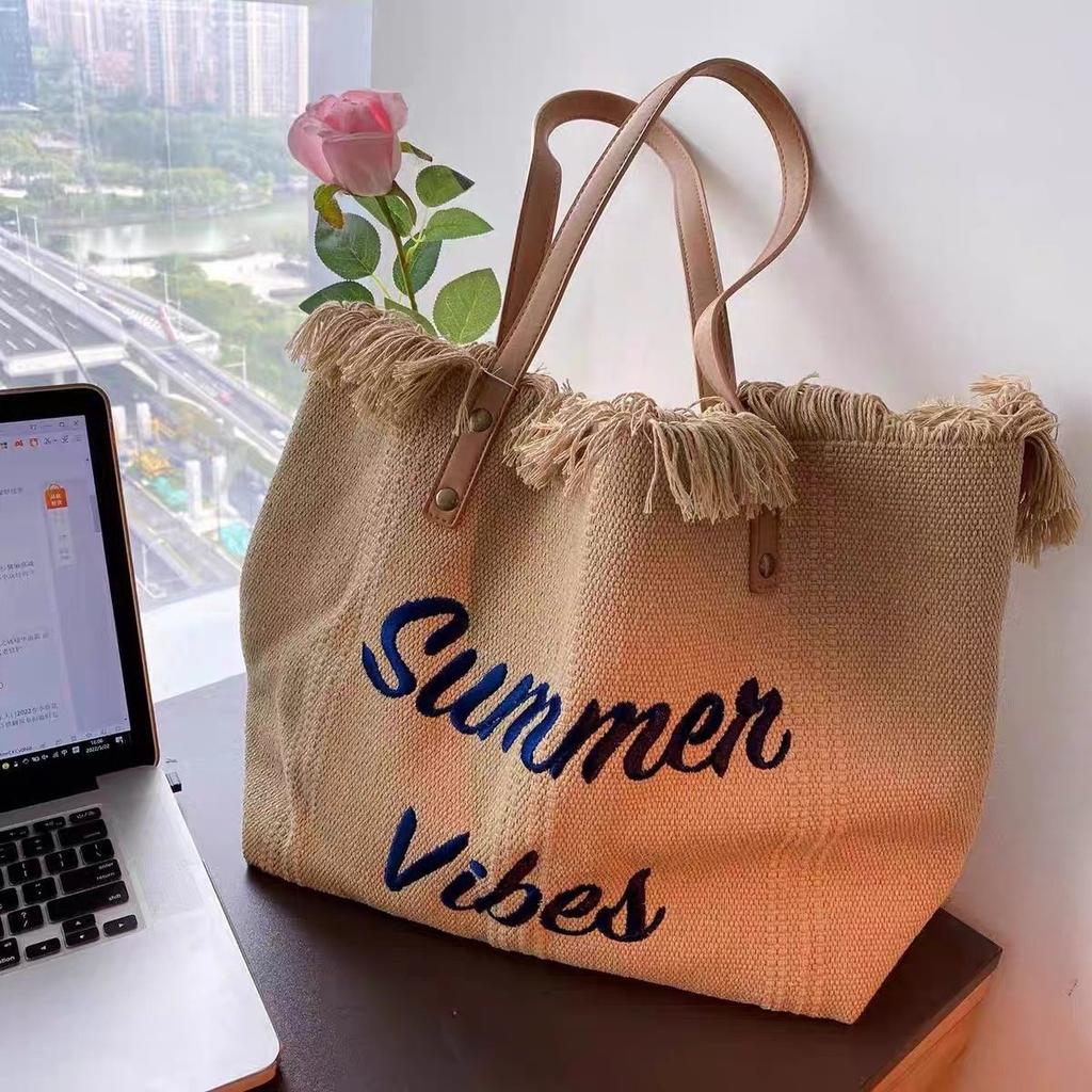 Bag Women'S Large Capacity Canvas Bag Beach Bag One Shoulder Portable Tote Bag Versatile Tassel Mommy Bag