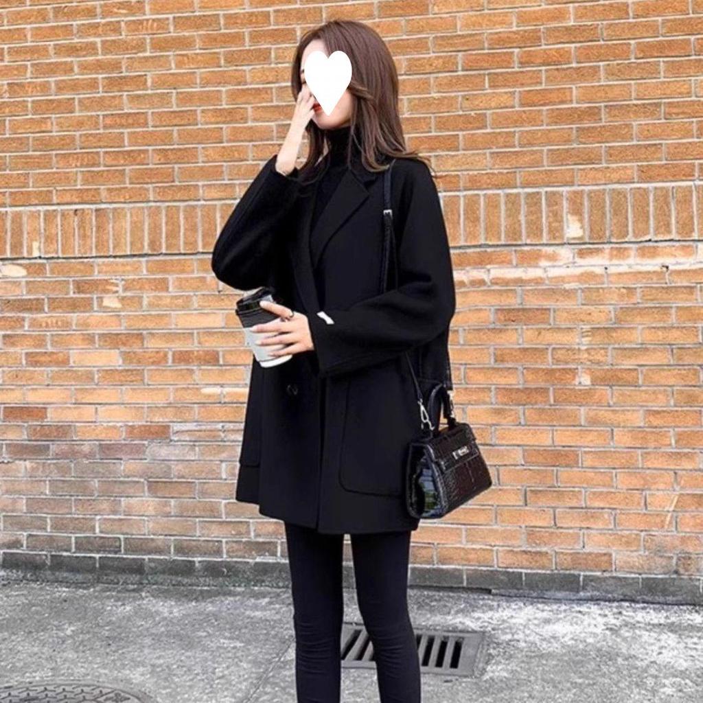 Plus Size Women's Black Wool Slimming Trench Coat - Double-Sided Woolen Jacket for Spring/Autumn 2025.