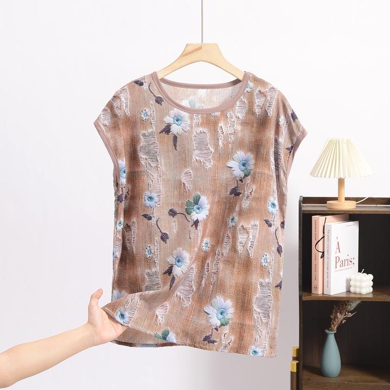 Dam Silke Jacquard Rundhals Kortärmad Tunn Mamma T-shirt Sommar Stor Storlek Blommig Bekväm Andningsbar Mångsidig Lös Topp