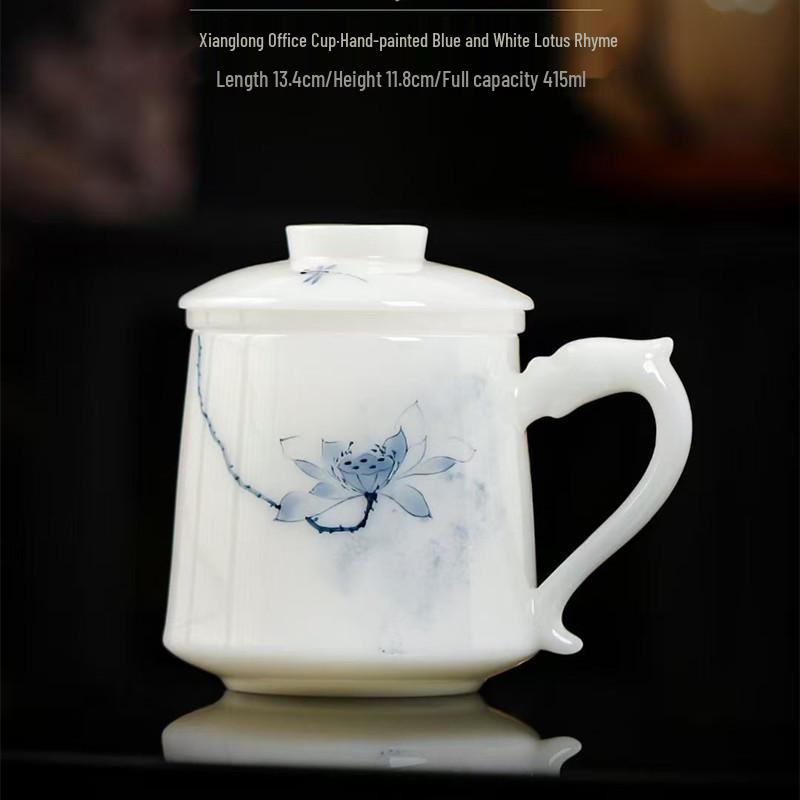 Large Hand-Painted Jade Porcelain Cup with Lid and Handle for Tea Brewing