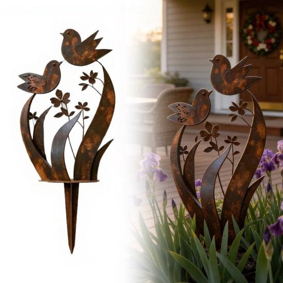 Vogel Wildblume Metall Gartenstecker Dekorativer Außenpflanzenstecker Rustikales Gartendekoration mit Vogel-Blumendesign für Hof Rasen Pflanzgefäße Dekoration